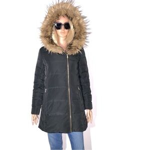 Cole Haan Woman’s Signature Faux Fur Trim Hooded Coat puffer long black Small